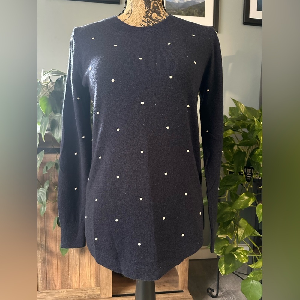 LOFT Navy Blue Crew Neck Sweater with White Dots. NWOT. Size XS.